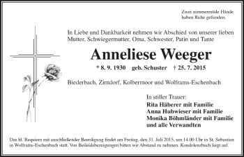 Traueranzeige von Anneliese Weeger von Ansbach