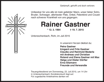 Traueranzeige von Rainer Gastner von Ansbach