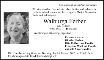 Traueranzeige von Walburga Ferber von Dinkelsbühl/ Feuchtwangen