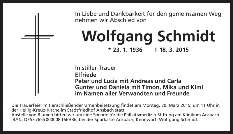  Traueranzeige für Wolfgang Schmidt vom 26.03.2015 aus Ansbach