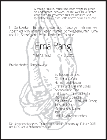 Traueranzeige von Erna Rang von Dinkelsbühl/ Feuchtwangen