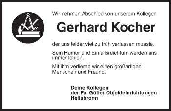 Traueranzeige von Gerhard Kocher von Ansbach
