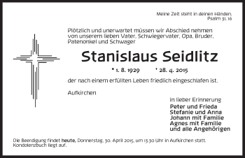 Traueranzeige von Stanislaus Seidlitz von Dinkelsbühl/ Feuchtwangen