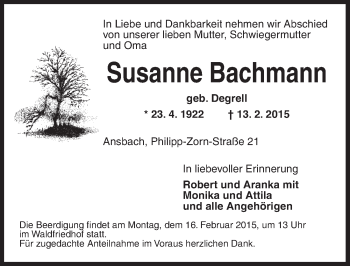 Traueranzeige von Susanne Bachmann von Ansbach