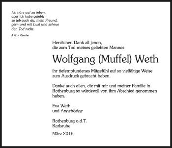 Traueranzeige von Wolfgang Weth von Rothenburg