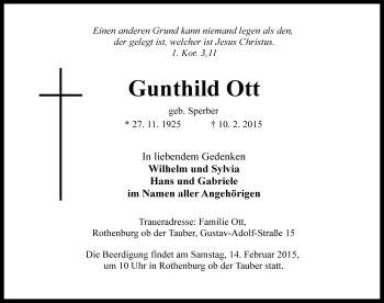 Traueranzeige von Gunthild Ott von Rothenburg