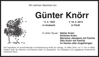 Traueranzeige von Günter Knörr von Ansbach