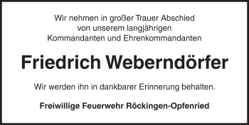 Traueranzeige von Friedrich Weberndörfer von Dinkelsbühl/ Feuchtwangen