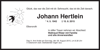 Traueranzeige von Johann Hertlein von Dinkelsbühl/ Feuchtwangen