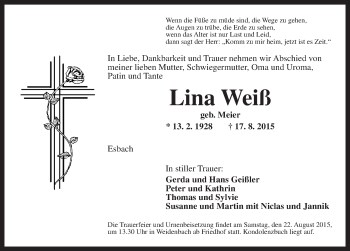 Traueranzeige von Lina Weiß von Dinkelsbühl/ Feuchtwangen