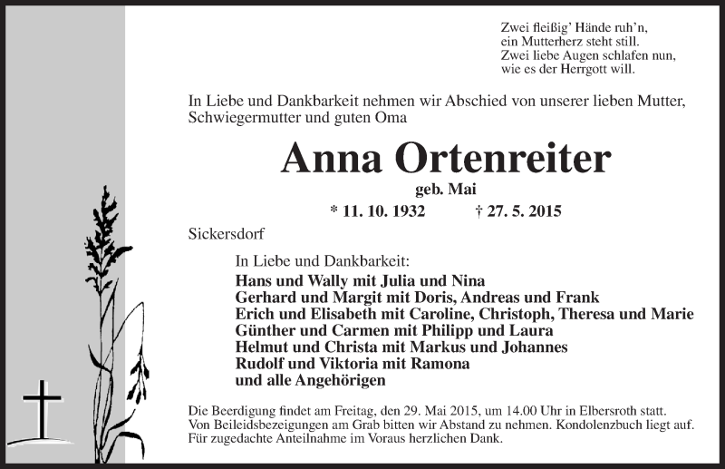  Traueranzeige für Anna Ortenreiter vom 28.05.2015 aus Dinkelsbühl/ Feuchtwangen