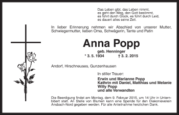 Traueranzeige von Anna Popp von Ansbach