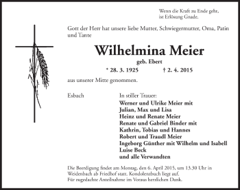 Traueranzeige von Wilhelmina Meier von Ansbach