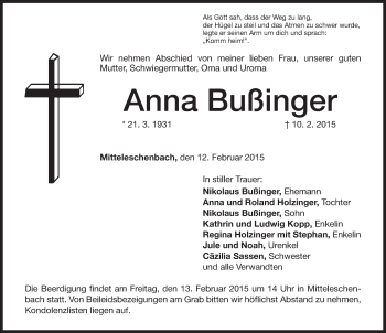Traueranzeige von Anna Bußinger von Ansbach