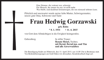 Traueranzeige von Hedwig Gorzawski von Dinkelsbühl/ Feuchtwangen