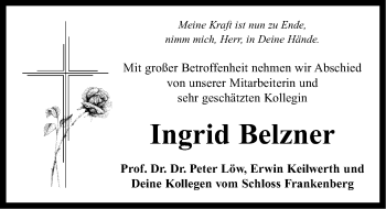 Traueranzeige von Ingrid Belzner von Neustadt/ Scheinfeld/ Uffenheim