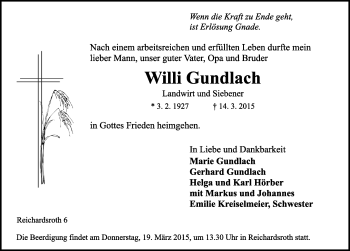 Traueranzeige von Willi Gundlach von Neustadt/ Scheinfeld/ Uffenheim