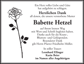 Traueranzeige von Babette Hetzel von Ansbach