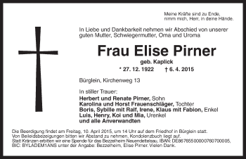 Traueranzeige von Elise Pirner von Ansbach