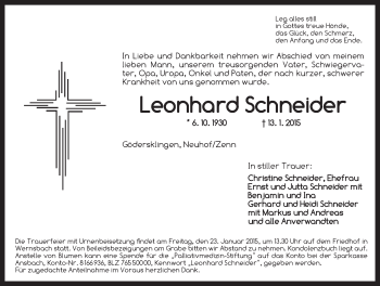 Traueranzeige von Leonhard Schneider von Ansbach