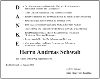 Traueranzeige von Andreas Schwab von Ansbach