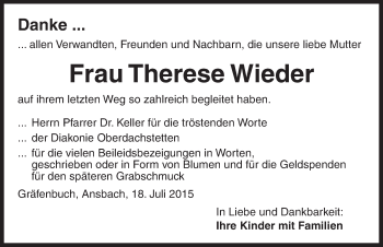 Traueranzeige von Therese  Wieder von Ansbach