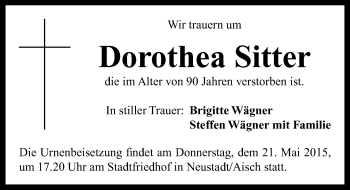 Traueranzeige von Dorothea Sitter von Neustadt/ Scheinfeld/ Uffenheim