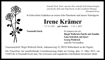 Traueranzeige von Irene Krämer von Neustadt/ Scheinfeld/ Uffenheim
