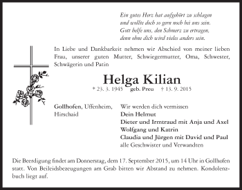 Traueranzeige von Helga Kilian von Neustadt/ Scheinfeld/ Uffenheim