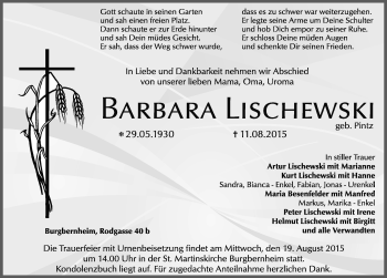 Traueranzeige von Barbara Lischews von Neustadt/ Scheinfeld/ Uffenheim