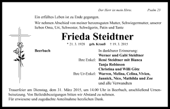 Traueranzeige von Frieda Steidtner von Neustadt/ Scheinfeld/ Uffenheim