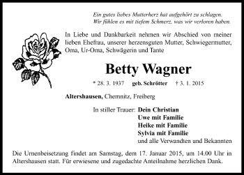 Traueranzeige von Betty Wagner von Neustadt/ Scheinfeld/ Uffenheim