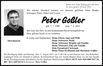 Traueranzeige von Peter Großler von Neustadt/ Scheinfeld/ Uffenheim