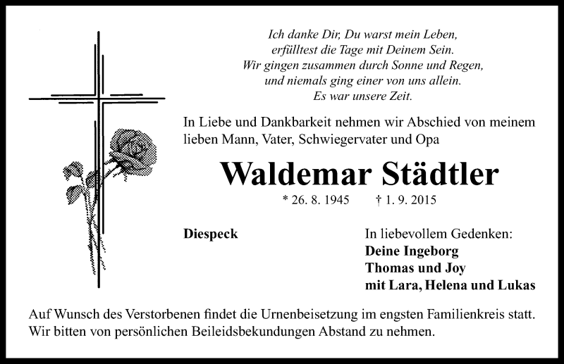  Traueranzeige für Waldemar Städtler vom 03.09.2015 aus Neustadt/ Scheinfeld/ Uffenheim