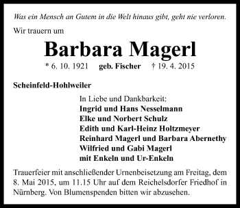 Traueranzeige von Barbara Magerl von Neustadt/ Scheinfeld/ Uffenheim