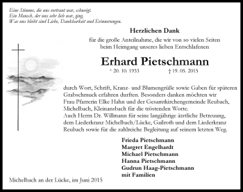 Traueranzeige von Erhard Pietschma von Rothenburg