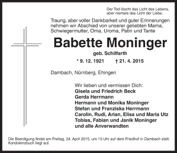 Traueranzeige von Babette  Moninger von Dinkelsbühl/ Feuchtwangen