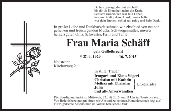 Traueranzeige von Maria Schäff von Ansbach