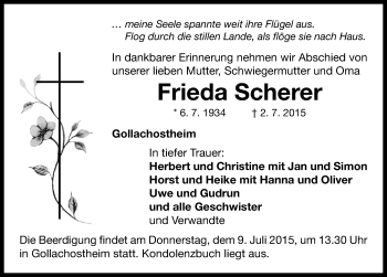 Traueranzeige von Frieda Scherer von Neustadt/ Scheinfeld/ Uffenheim