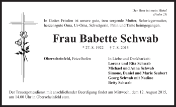 Traueranzeige von Babette Schwab von Neustadt/ Scheinfeld/ Uffenheim