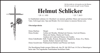 Traueranzeige von Schlicker Helmut von Dinkelsbühl/ Feuchtwangen