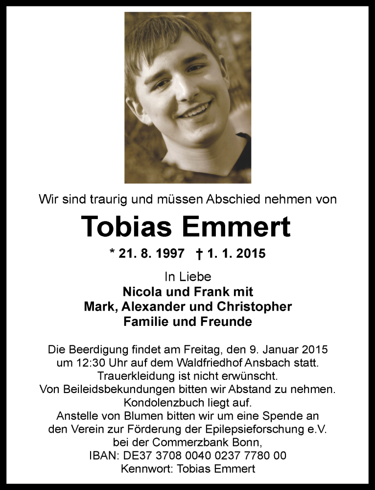  Traueranzeige für Tobias Emmert vom 05.01.2015 aus Ansbach