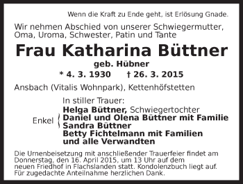 Traueranzeige von Katharina  Büttner von Ansbach