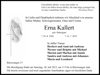 Traueranzeige von Erna Kallert von Ansbach