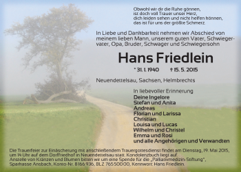 Traueranzeige von Hans Friedlein von Ansbach