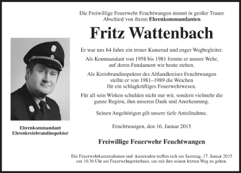 Traueranzeige von Fritz Wattenbach von Dinkelsbühl/ Feuchtwangen