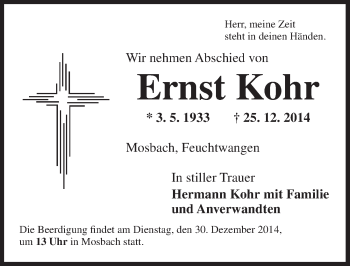 Traueranzeige von Ernst Kohr von Dinkelsbühl/ Feuchtwangen