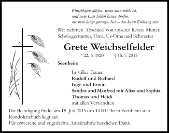 Traueranzeige von Grete Weichselfelder von Neustadt/ Scheinfeld/ Uffenheim