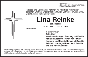 Traueranzeige von Lina Reinke von Ansbach