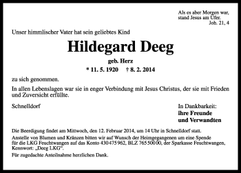 Traueranzeige von Hildegard Deeg von Rothenburg